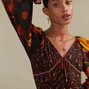 Anthropologie Conditions Apply Abstract Puff-Sleeve Blouse Sz Med